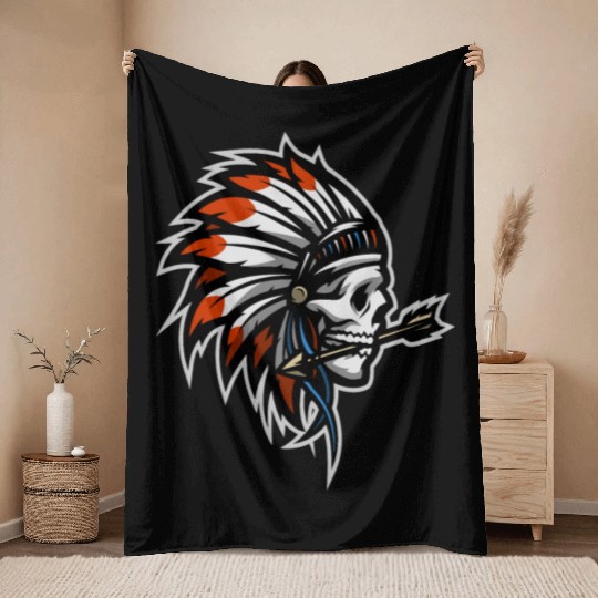 Native American Indian Headdress Skull Throw Blankets