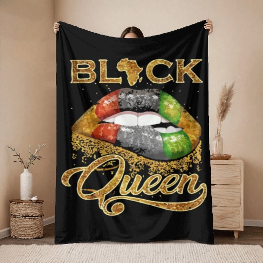 Black queen lips Throw Blankets