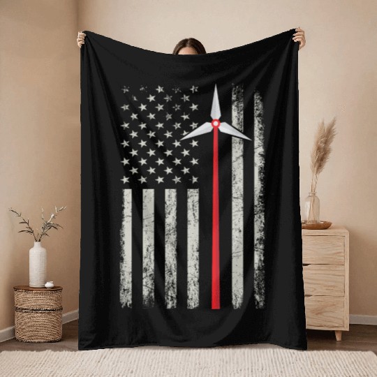 American Flag Engineer Throw Blankets Wind Turbine