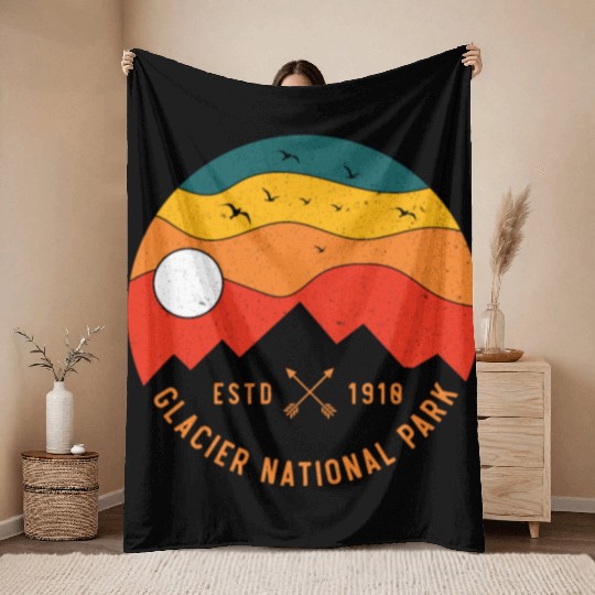 Retro Glacier National Park Montana Souvenir 80s Throw Blankets