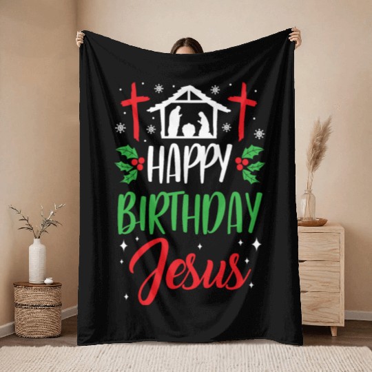 Christmas Day Happy Birthday Jesus Holiday Gift Throw Blankets