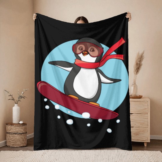 Snowboarding Penguin Throw Blankets