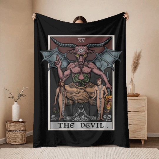 The Devil Tarot Card Halloween Baphomet Satanic Ba Throw Blankets