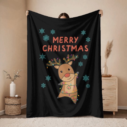 Merry Christmas Rudolph Red Nose Reindeer Snow Throw Blankets