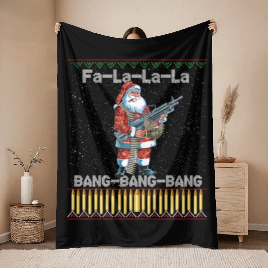 Santa Claus With A Big Gun Singing Song Funny Ugly Throw Blankets