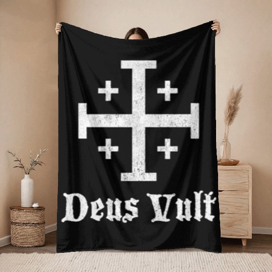 Deus Vult Crusader Shield Cross Throw Blankets