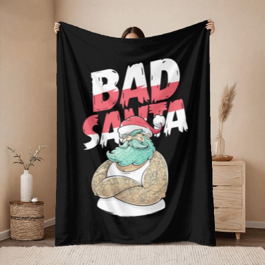 Bad Santa Claus Christmas Tattoo Throw Blankets
