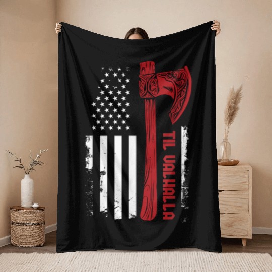 Viking Axe Flag Til Valhalla Norse Mythology Throw Blankets