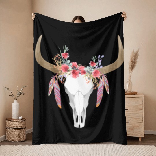 Floral Cow Skull With Feathers Bull Skull Throw Blankets
