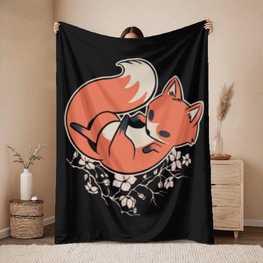 Sakura Fox Cherry Blossom Throw Blankets
