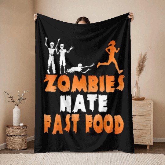 Zombies Hate Fast Food Funny Halloween Running Throw Blankets