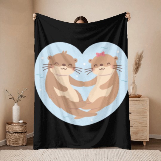 Otter Couple In Love Blue Heart Throw Blankets