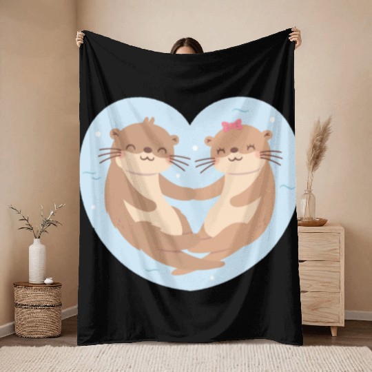 Otter Couple In Love Blue Heart Throw Blankets