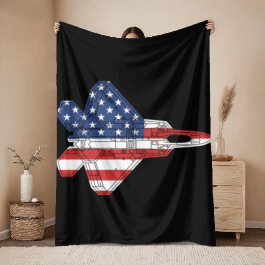 F-22 Raptor Fighter Jet Airplane American Flag F22 Throw Blankets