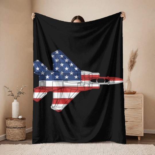 F-15 Eagle Fighter Jet Airplane American Flag F15l Throw Blankets