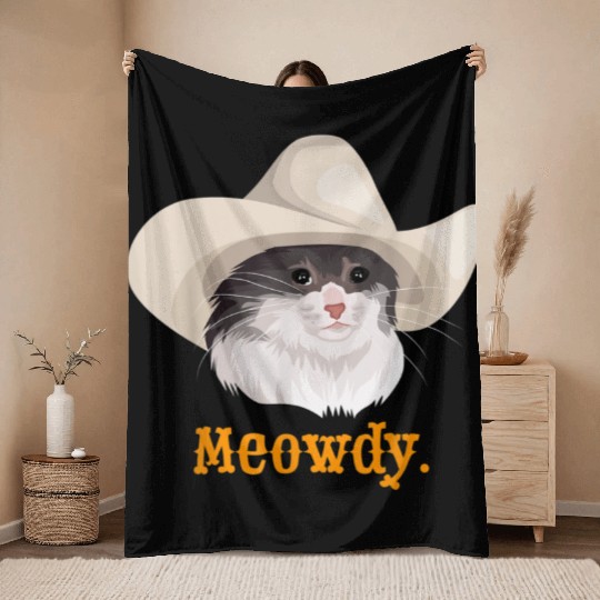 Meowdy Sad Cat Wearing a Cowboy Hat Meme Throw Blankets