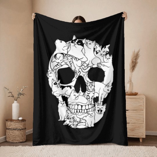 Cat Skull Kitty Skeleton Grunge Style Funny Cat Bo Throw Blankets