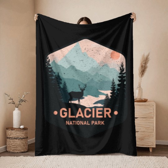 Vintage Glacier National Park Deer Mountains Gift Throw Blankets