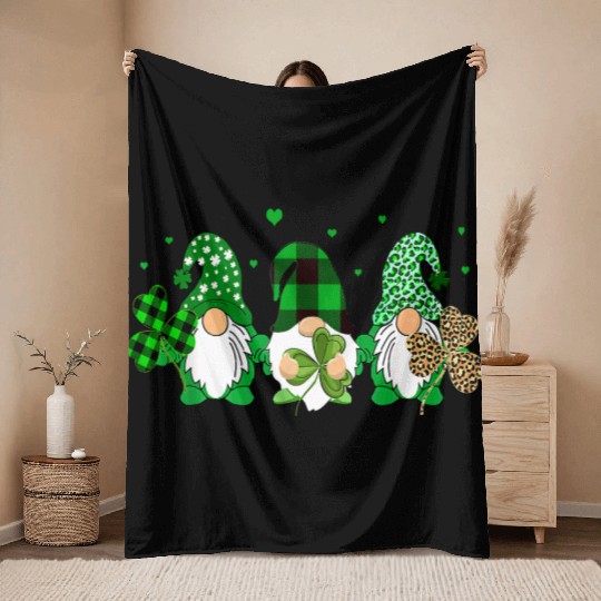 Three Gnomes Holding Shamrock Leopard Plaid Throw Blankets