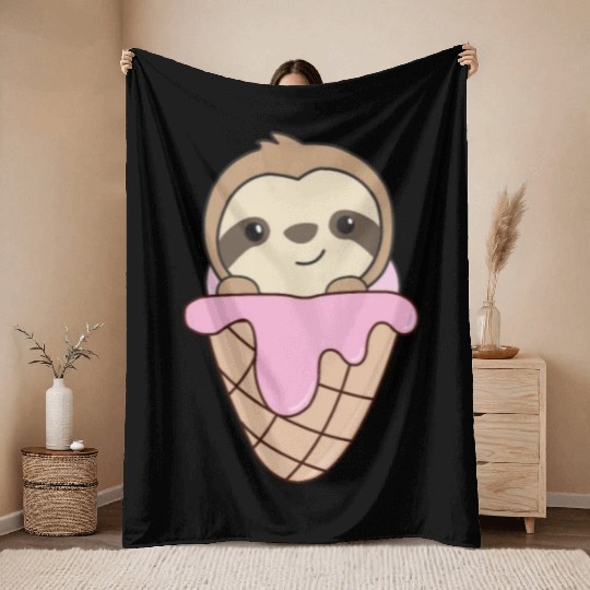 Sloth Pink Ice Cream Waffle Cute Animals For Kids Throw Blankets