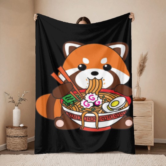 Cute Kawaii Red Panda Eating Ramen Noodles Throw Blankets