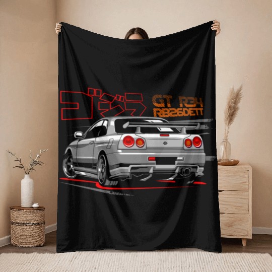 Nissan GTR 34 Grey back Throw Blankets