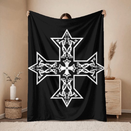 Coptic Orthodox Cross White Throw Blankets
