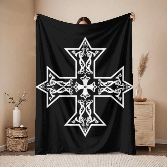 Coptic Orthodox Cross White Throw Blankets