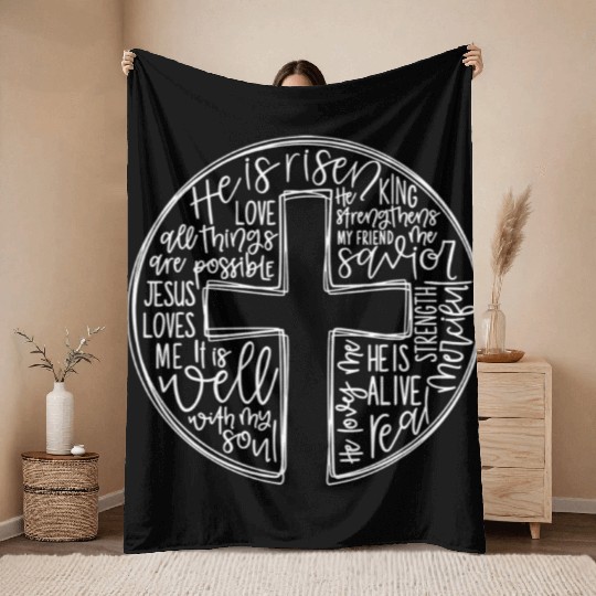 Cross With Words He is Risen Throw Blankets