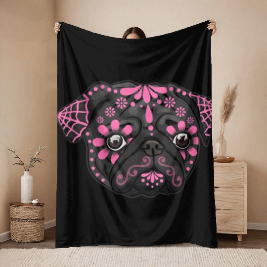 Black Pug Dogs Day of the Dead Sugar Skull Dog Throw Blankets