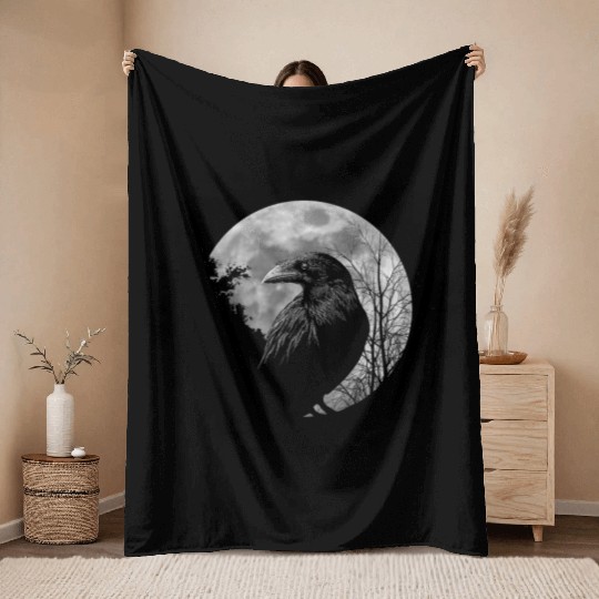 Mystic Black Crow Artwork Full Moon Raven Throw Blankets