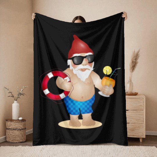Garden gnome with swimming trunks and lifebuoy Throw Blankets
