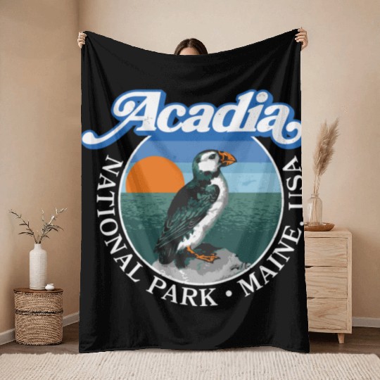 Retro Acadia National Park Vintage Maine Puffin Throw Blankets