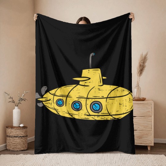 Us Navy Yellow Cartoon Submarine Cute Submariner B Throw Blankets