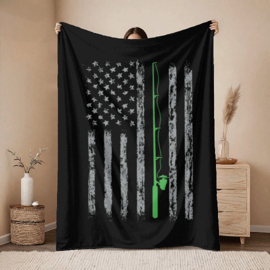 American Flag Fishing Gifts Retro Us Flag Vintage Throw Blankets