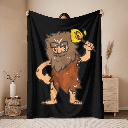 Caveman with Torch Throw Blankets