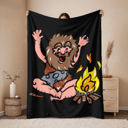 Caveman with Fire Throw Blankets