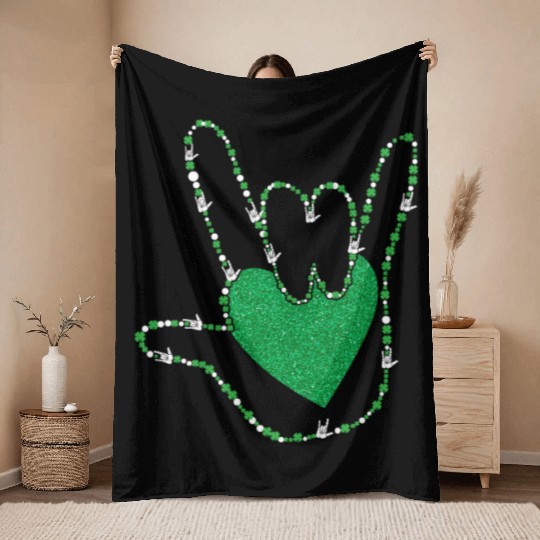 Shamrock I Love You Hands Sign Language ASL Patric Throw Blankets