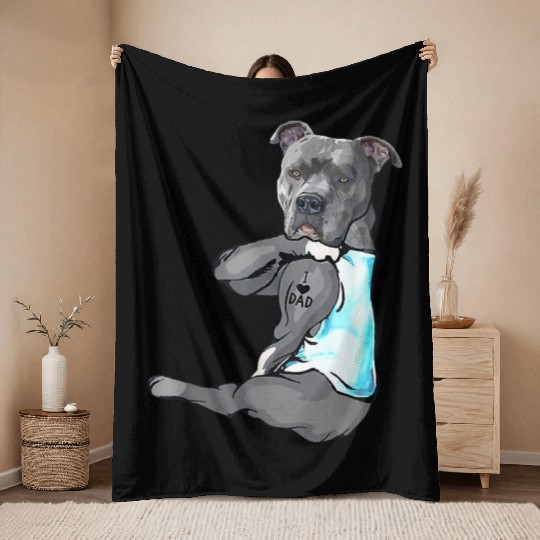 Funny Dog Pitbull I Love Dad Tattoo Throw Blankets
