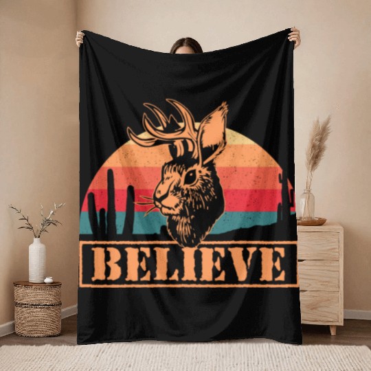 Believe in Jackalope Mythical Animal Jackrabbit Throw Blankets