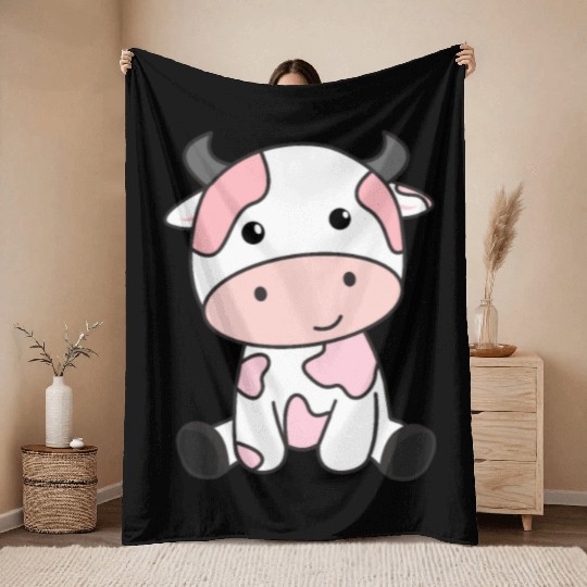 Strawberry Cow Cute Pink Strawberry Cow Kawaii Throw Blankets