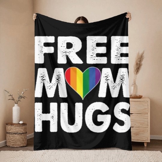 Free Mom Hugs Pride LGBTQ Rainbow Heart Throw Blankets