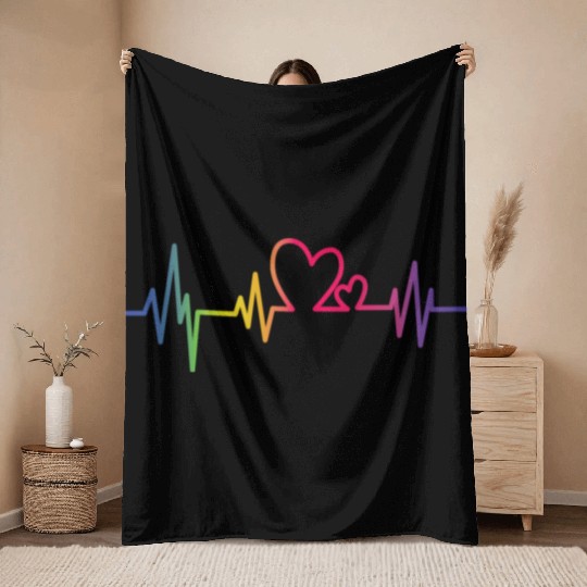 Pride Rainbow heart beat Throw Blankets