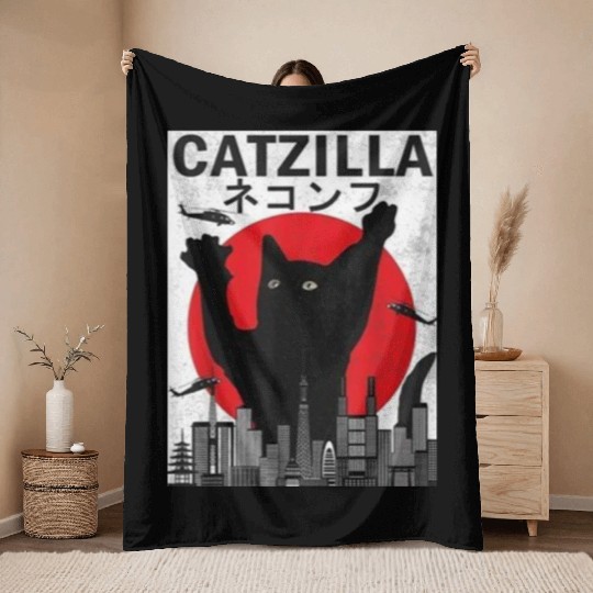 Vintage Catzilla Japanese Sunset Style Throw Blankets