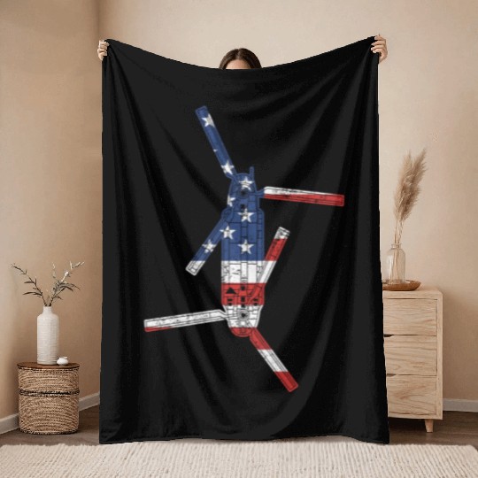 CH47 Chinook Military Helicopter American Flag Throw Blankets