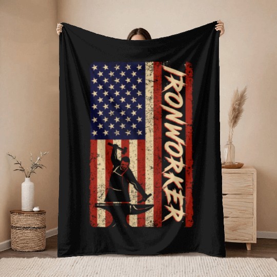 US Flag Ironworker Independence labor Day Throw Blankets
