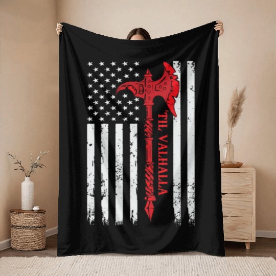 Veteran Gift-American Flag Viking Axe Til Valhalla Throw Blankets
