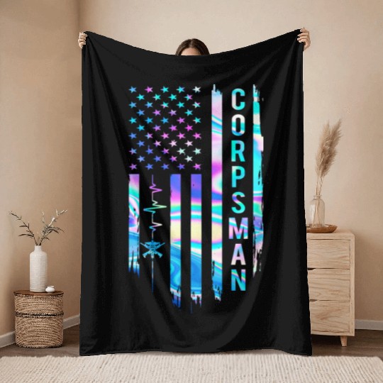 Awesome US Flag Heart Corpsman Throw Blankets