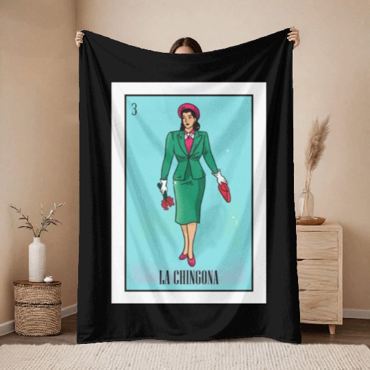 La Chingona The Bad Ass Woman Card Mexican Lottery Throw Blankets