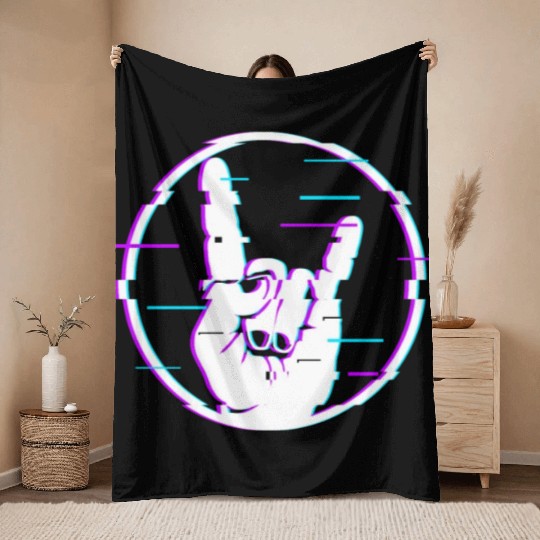 Glitch Sign of the Horns Sign Hand Rock and Metal Throw Blankets